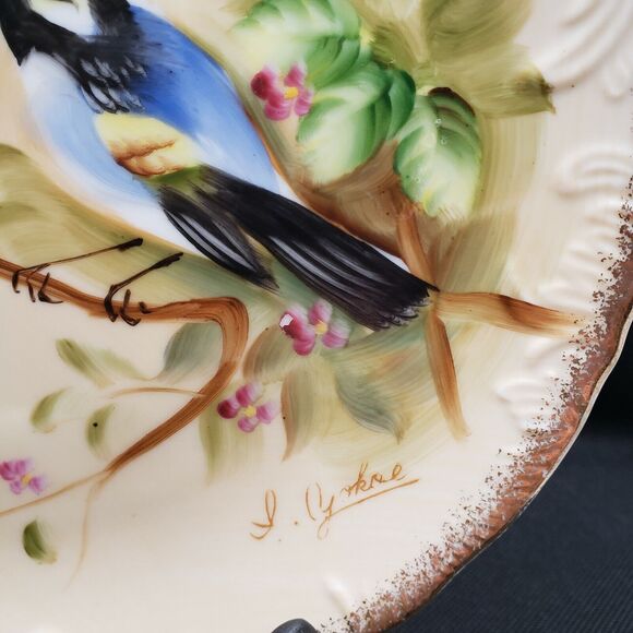 Gorgeous Signed ENESCO Plate 2 Blue Yellow BIRDS on Branch Plum Flowers Floral - Picture 5 of 9